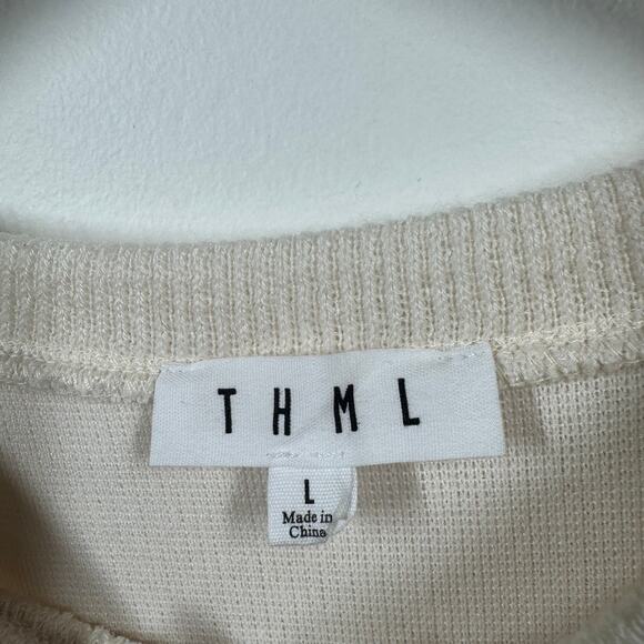 THML Sweater Women L Cream Tiered Flutter Sleeve Minimal Modest Fall Transition - Picture 4 of 6